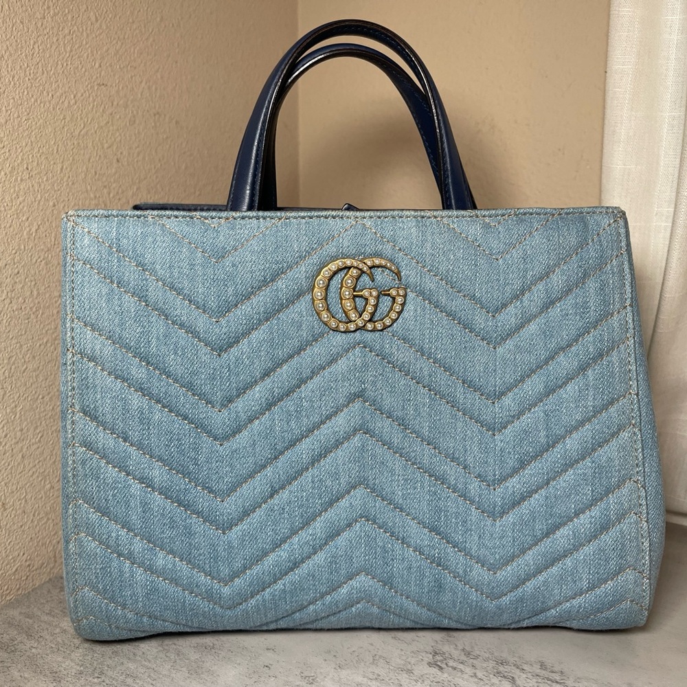 Gucci GG Denim Pearl Blue Marmont 2 way Tote Bag Crossbody bag
